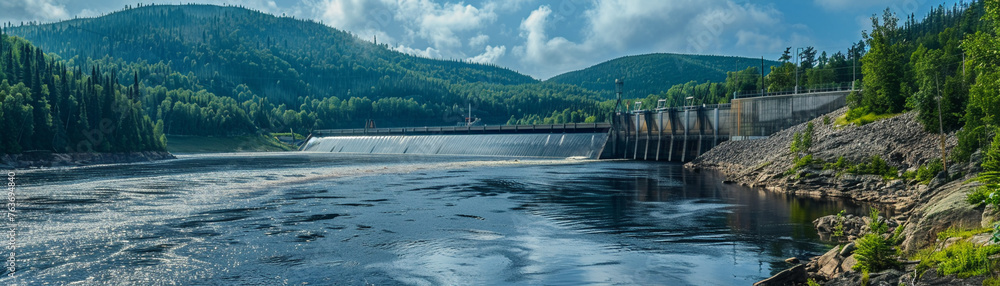 Obraz premium Hydroelectric Dam with River and Forest in the Backgroundsuper detailed