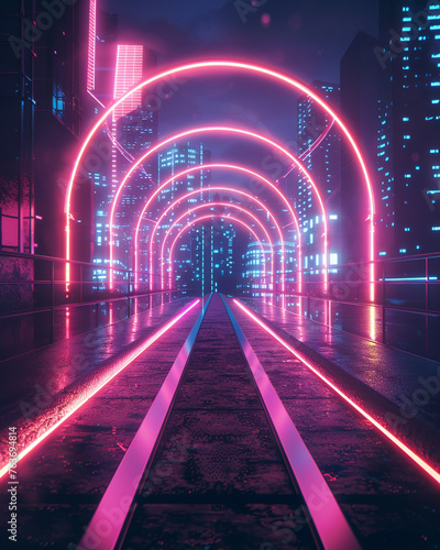 Illuminated neon tunnel to a futuristic cityscapeminimalist