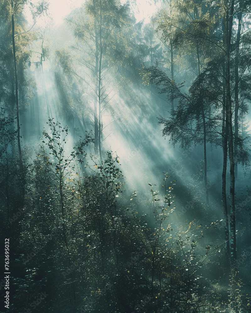 Fototapeta premium Misty Forest Morning with Sunbeams Through the Trees8K