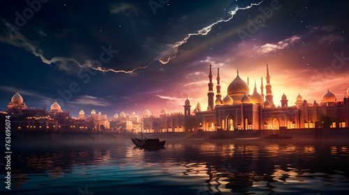 Mosque background for Ramadan and Eid Mubarak greetings. Beautiful sunrise Mosque with colorful clouds	
 photo