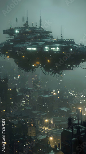 Otherworldly Spaceship Over a Dystopian City in Iain Banks' Concept