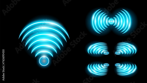 Wi-Fi light and wireless networking collection. Glowing blue signal wifi sensor waves internet wireless concept. Wireless wi fi technology digital radar or sonar with glowing light effect. Vector.