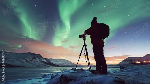 Photographer capturing the aurora borealis in a remote location8K resolution