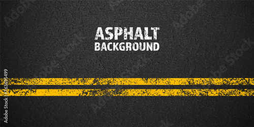 Asphalt road with yellow cracked lane marking, concrete highway surface, texture. Street traffic line, road dividing strip. Pattern with grainy structure, grunge stone background. Vector illustration