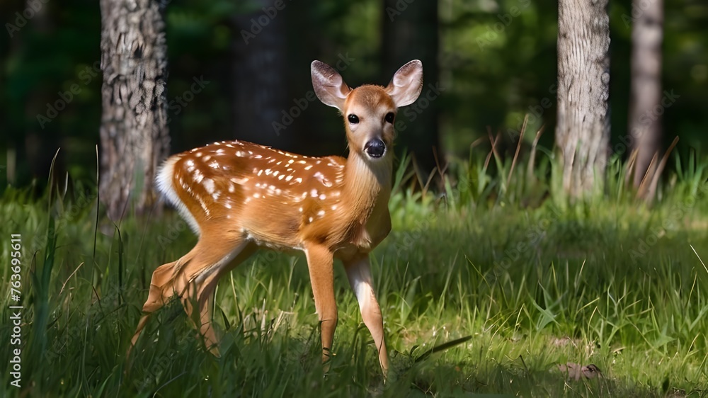 White tailed deer fawn witj hind on natural trail in n White tailed deer fawn witj hind on natural trail in n