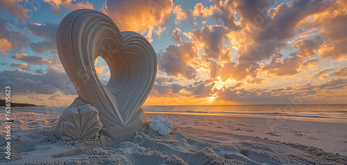 Sand sculpture of a heart on a pristine beach at sunsethigh-resolution photo