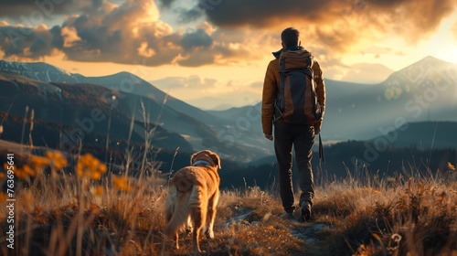 Person with dog on the meadow looking on the mountains