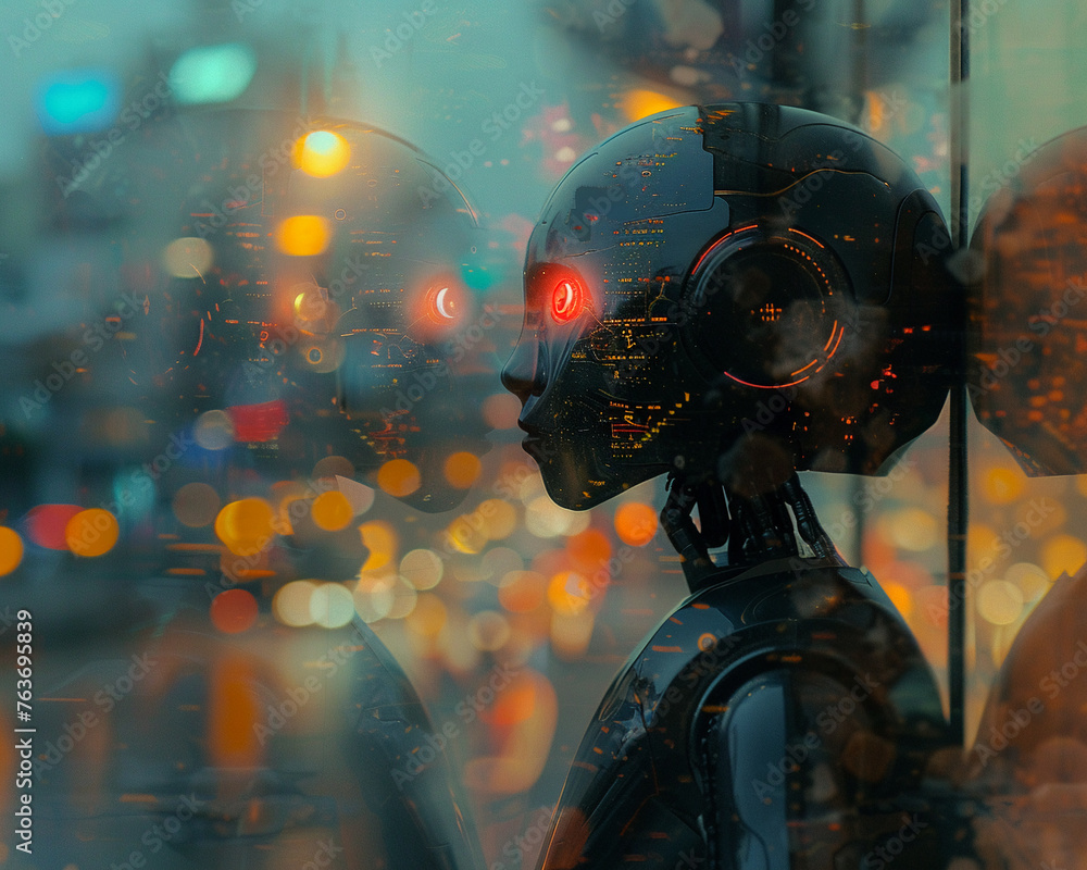 Curious Robot, Metallic Skin, Reflecting City Lights, Exploration of Personal Data, Foggy Setting, Photography, Silhouette Lighting, Depth of Field Bokeh Effect