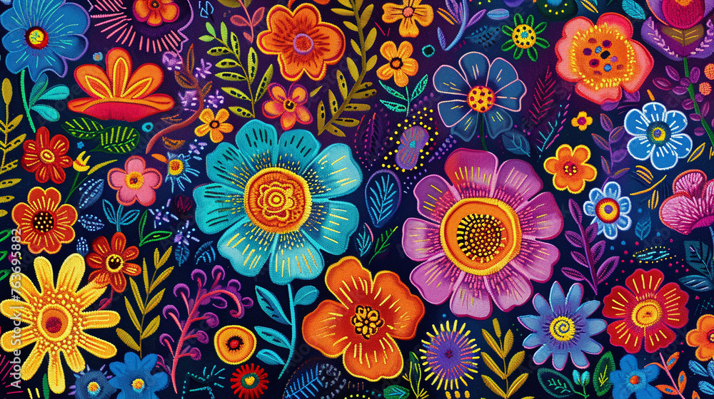 colorful floral pattern background made with embroidery