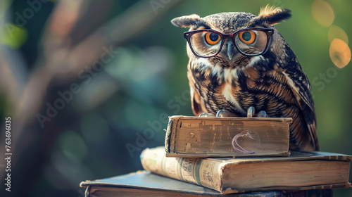 Wise Old Owl Perched on a Stack of Books Wearing Reading Glassesultra HD