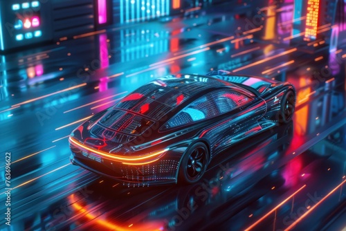 Sleek car in neon-lit cityscape with futuristic interior and holographic interface.