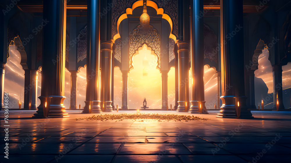 Ramadhan eid mubarak bakcground mosque praying hall with spiral pillars of stones and roof tiling illuminated with sunlight.  - obrazy, fototapety, plakaty 