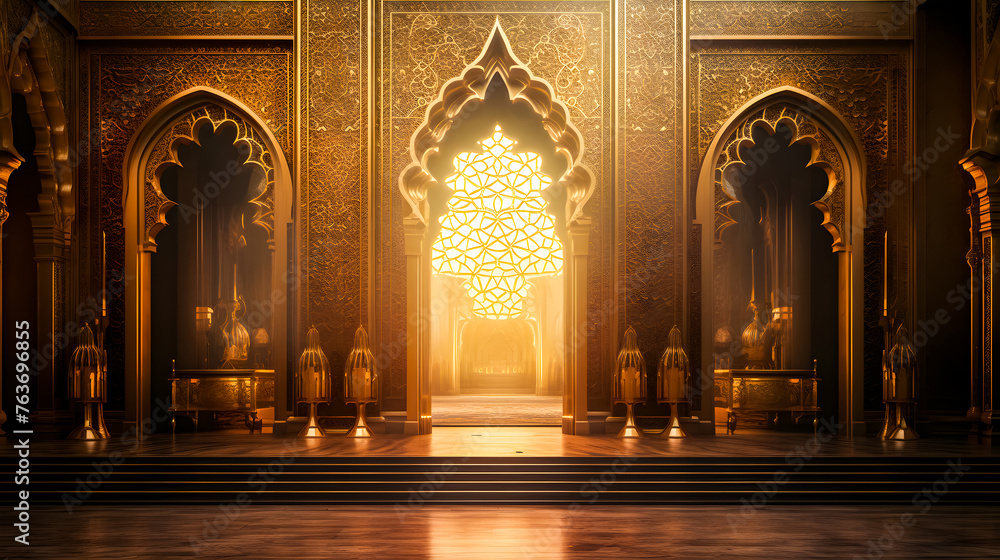 Ramadhan eid mubarak bakcground mosque praying hall with spiral pillars of stones and roof tiling illuminated with sunlight.  - obrazy, fototapety, plakaty 