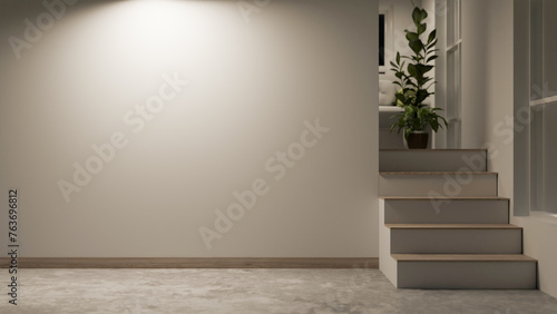 Interior design of a modern  minimalist home corridor with a white wall  stairs  and cement floor.