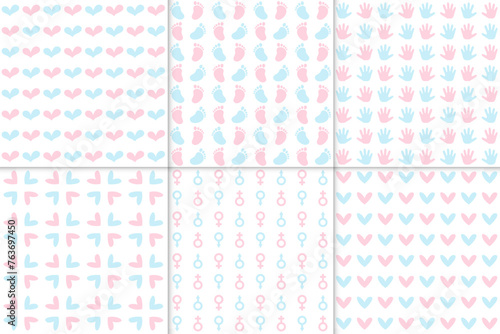 Gender Party Seamless Pattern Collection. Boy or Girl Reveal, Pink and Blue Endless Repeating Background Set. Baby Cute Backdrop with Footprint, Hand Palm, Heart, Male and Female Symbols.