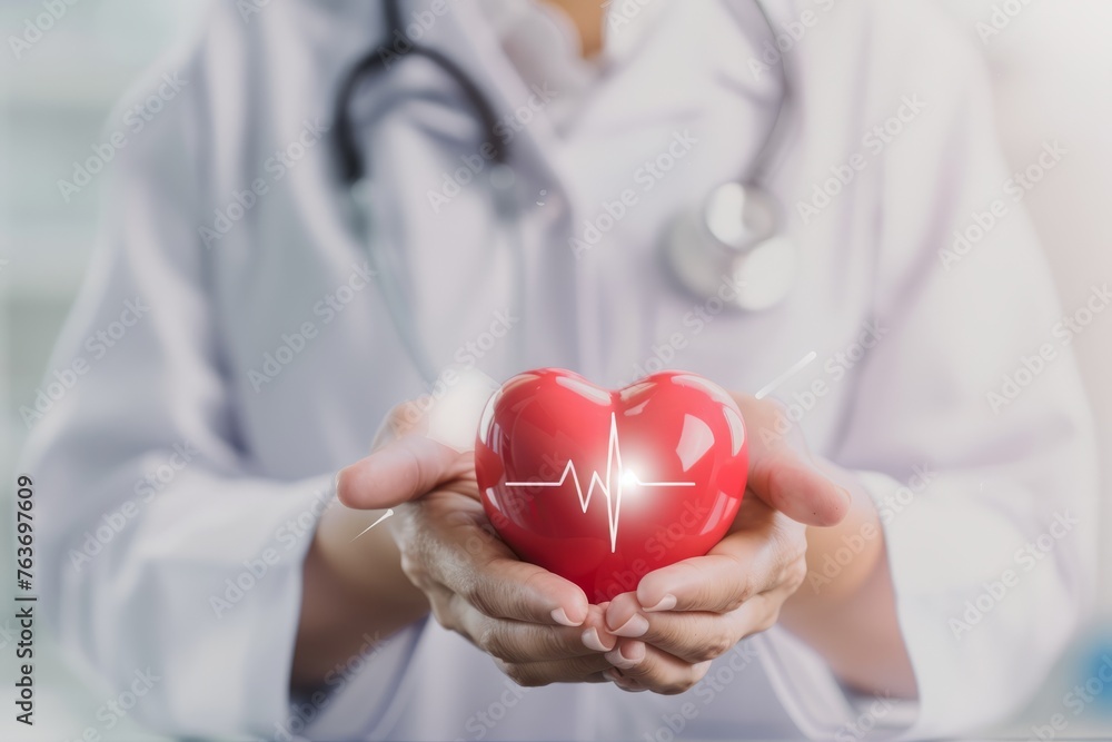 a doctor holds a heart with a stethoscope around it. a doctor holds a heart with a stethoscope around it.