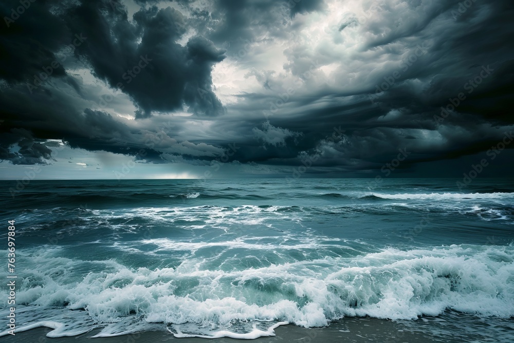 A mesmerizing wallpaper design capturing the moodiness of a rainy day at the beach, with dark clouds rolling in over the ocean and waves crashing against the shore, Generative AI