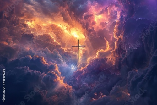 Majestic cross against swirling clouds, symbolizing faith and hope.