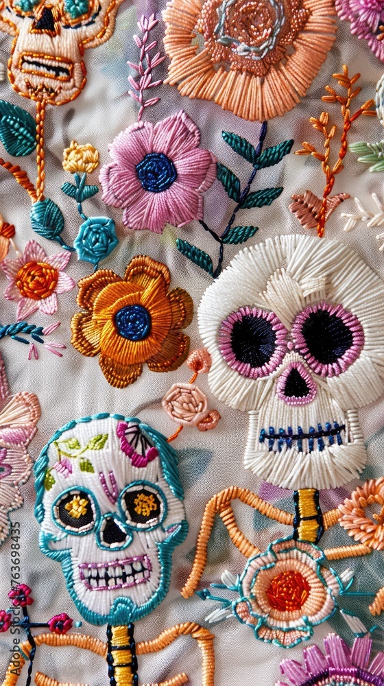 Delicate embroidery floral Mexican skulls for day of the dead illustration made with Generative AI