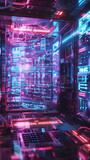 Futuristic Holographic Coding Screen in a Server Room: Modern Information Technology Concept