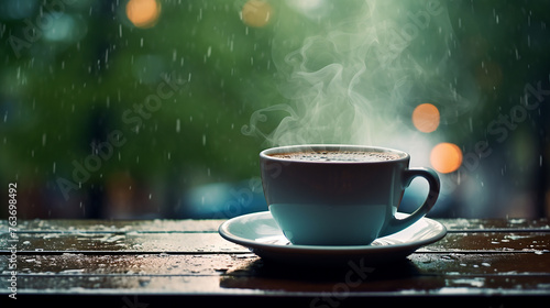 steaming coffee cup on rainy day