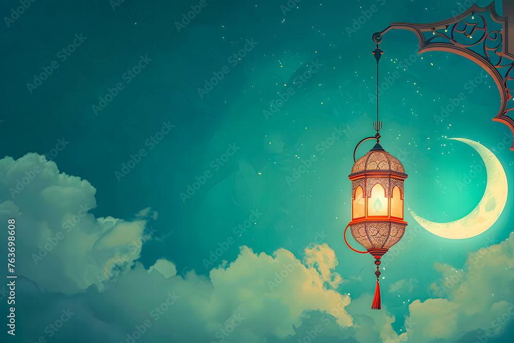 Obraz premium Lantern Islamic with mosque for Ramadan Kareem and eid mubarak. Islamic lantern and Half Moon pattern, background. and illustration 