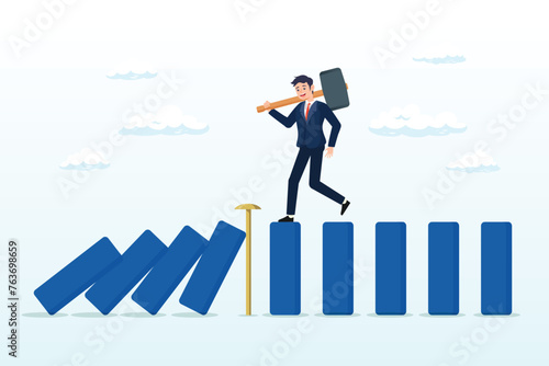 Businessman put the nail to protect domino effect collapse, business continuity and recovery, crisis management, proactive to protect disaster and risk, prevention or strategy to avoid danger (Vector)