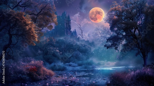 Enchanted moonlit woodland scene with composite effects, very colorful and tender dreamy design.