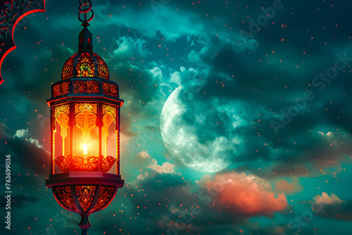 Lantern Islamic with mosque for Ramadan Kareem and eid mubarak. Islamic lantern and Half Moon pattern, background. and illustration	

