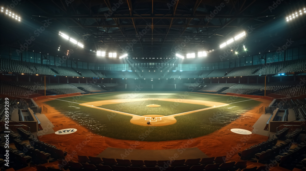 Empty baseball arena, stadium, sports ground with flashlights an - obrazy, fototapety, plakaty 