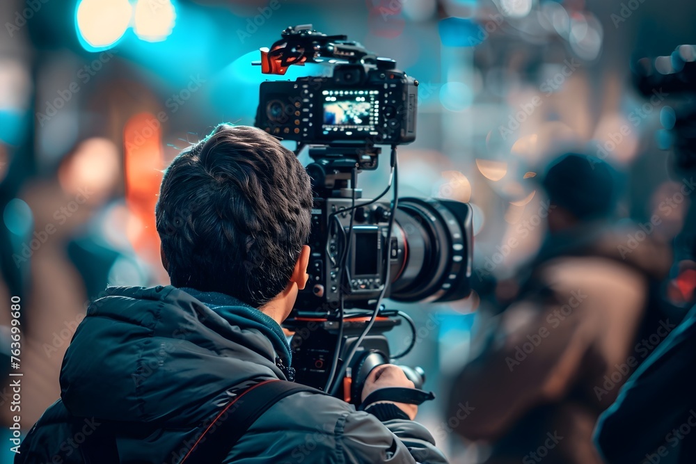 Arri Alexa Cinema in Hand: Video Man Films News Story in City Street at Dusk