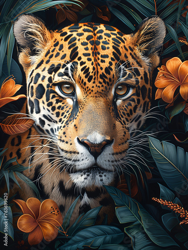 Jungle Royalty  Captivating Jaguar Amidst Lush Tropical Foliage 