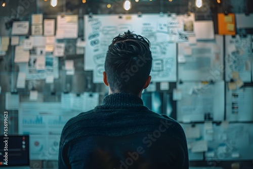 Man Contemplating Future Projects: An Office Wall Filled with Post-it Notes and Potential