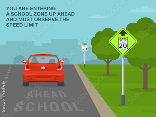 Safe driving tips and traffic regulation rules. "School speed limit ahead" sign meaning. Back view of a red car entering the school zone. Flat vector illustration template.