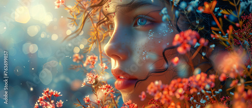 Close-up of Woman's Face with Floral Overlay and Bokeh Lights : Mystical Bloom 