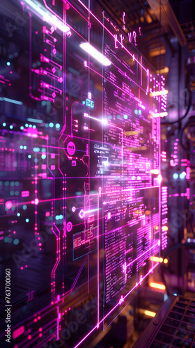 Futuristic Holographic Coding Screen in a Server Room: Modern Information Technology Concept