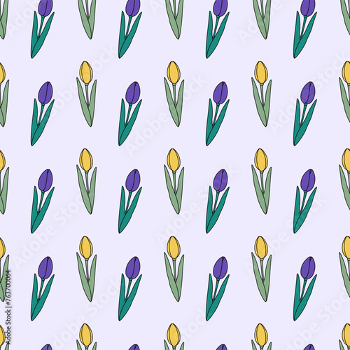 Seamless pattern of colorful tulips in trendy bright spring color. Abstract backdrop texture concept