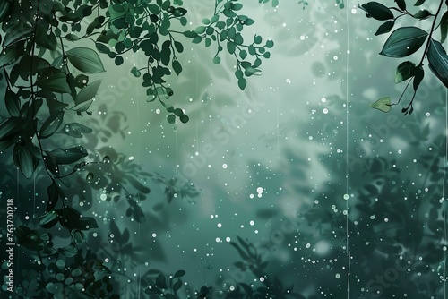 A tranquil wallpaper illustration depicting a rainy forest scene, with droplets clinging to leaves and branches and a soft mist hanging in the air, Generative AI