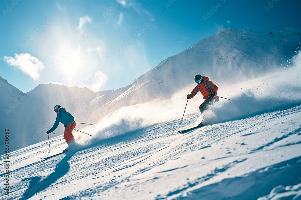 A man in a red jacket is skiing down a snowy slope