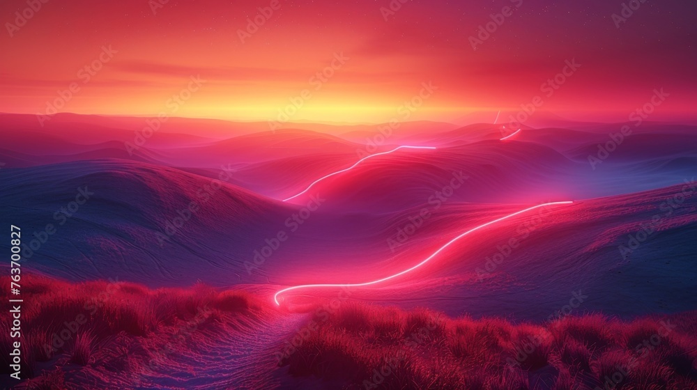 A landscape of rolling hills and valleys with arcs of neon lights crisscrossing through the air as if they are tracing invisible energy fields.