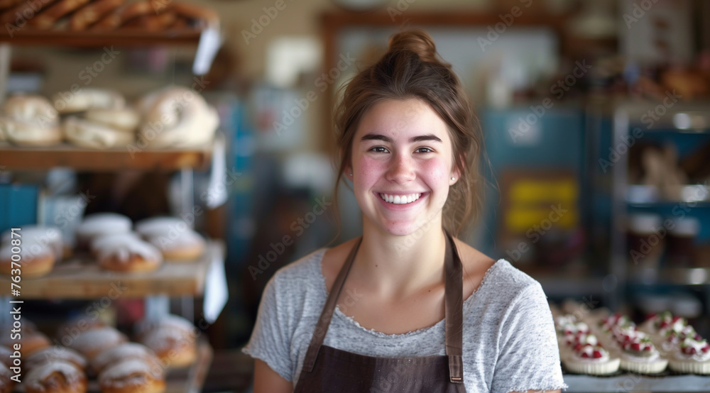 Happy young woman, small business owner, smiling in bakery shop Happy young woman, small business owner, smiling in bakery shop