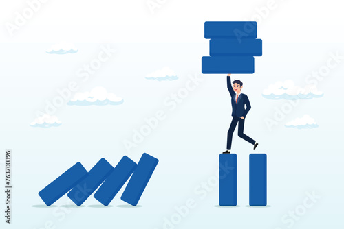 Smart businessman company leader remove domino to stop domino effect collapse, risk management, protect business from disaster or crisis, leadership to avoid losing money, problem and failure (Vector)