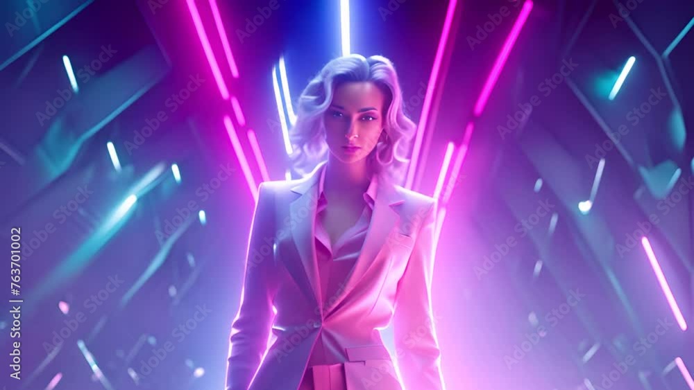 Woman in Pink Suit Against Blue Background Generative AI Woman in Pink Suit Against Blue Background Generative AI