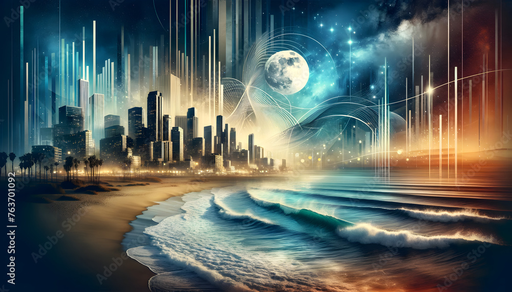 An abstract composition that merges urban elegance with the natural beauty of a moonlit beach, the artwork captures the essence of a city's sophisticated charm under the glow of a full moon