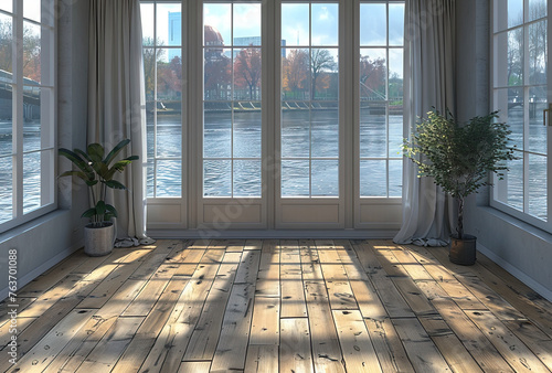 Empty room with wooden floor. Created with Ai
