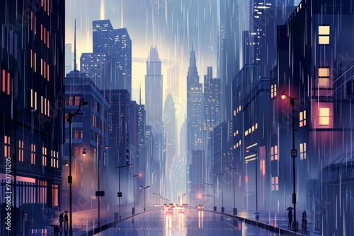 An atmospheric wallpaper illustration depicting a rainy day in the city, with skyscrapers disappearing into the clouds and rain-soaked streets shimmering under the glow of streetlights, Generative AI