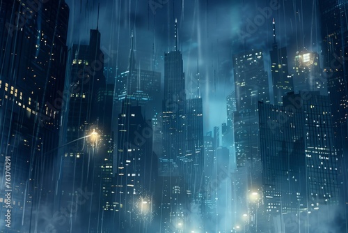 An atmospheric wallpaper illustration depicting a rainy day in the city, with skyscrapers disappearing into the clouds and rain-soaked streets shimmering under the glow of streetlights, Generative AI photo