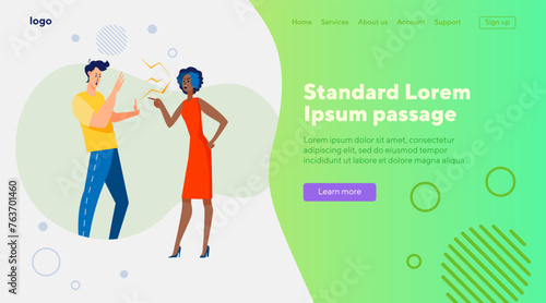 Arguing couple in conflict. Man and woman shouting and blaming each other flat vector illustration. Toxic relationship, problem, breakup concept for banner, website design or landing web page