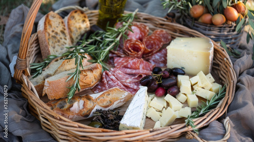 A basket filled with crusty bread artisan cheeses and cured meats makes for the perfect picnic charerie board. photo