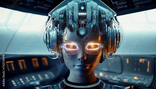 Full face head of a humanoid robot with the artificial intelligence of a rational being, capable of independent thinking and action